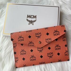 MCM Visetos Leather Envelope Clutch in Orange VIP Novelty GWP NEW